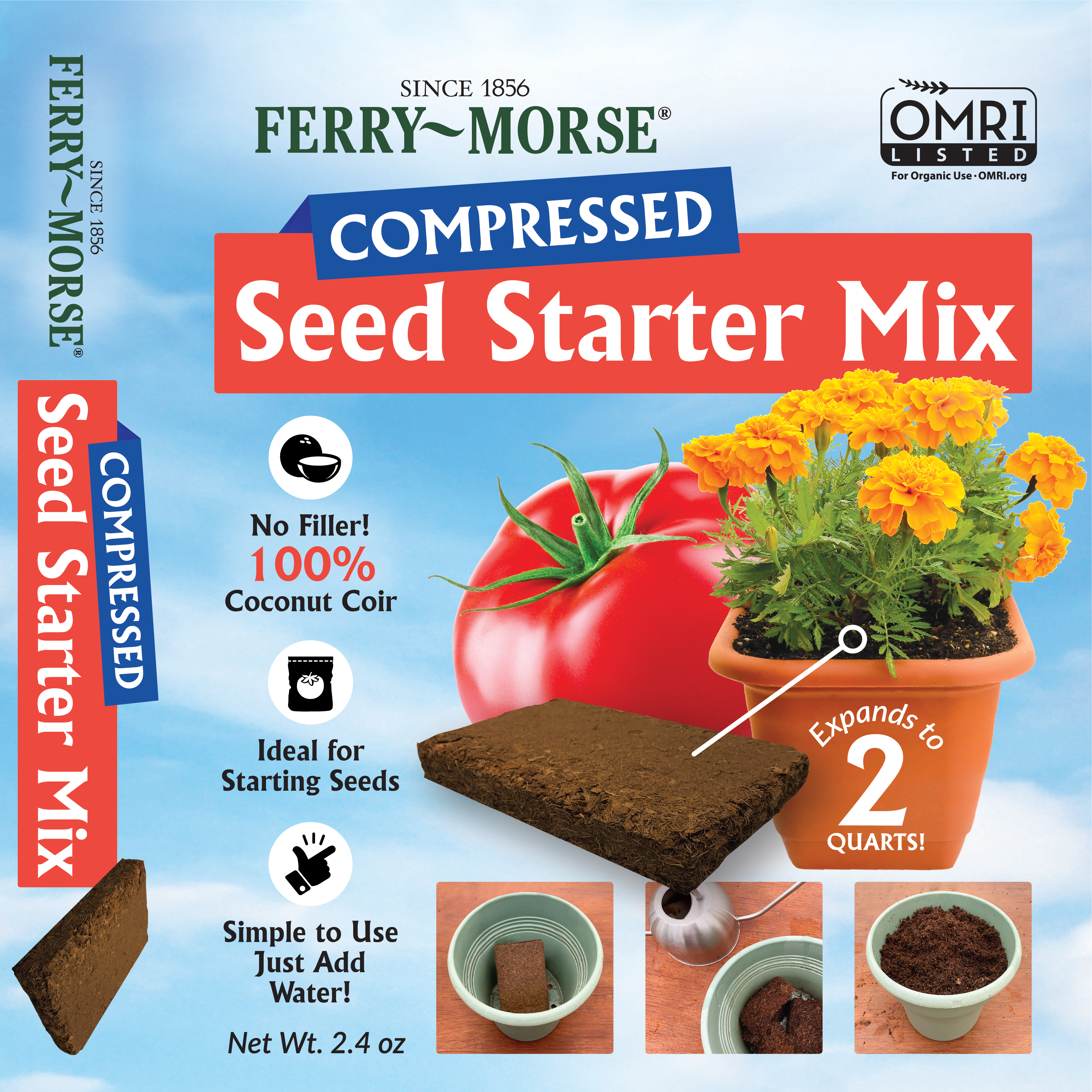 A compressed brick of Ferry-Morse Organic Seed Starter Mix